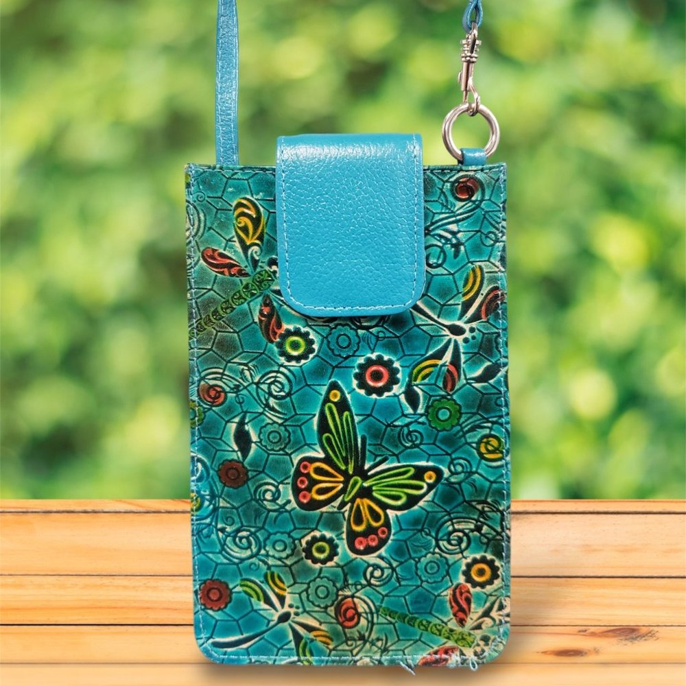 Handcrafted Genuine Leather Embossed and Hand Painted Cellphone Bag
